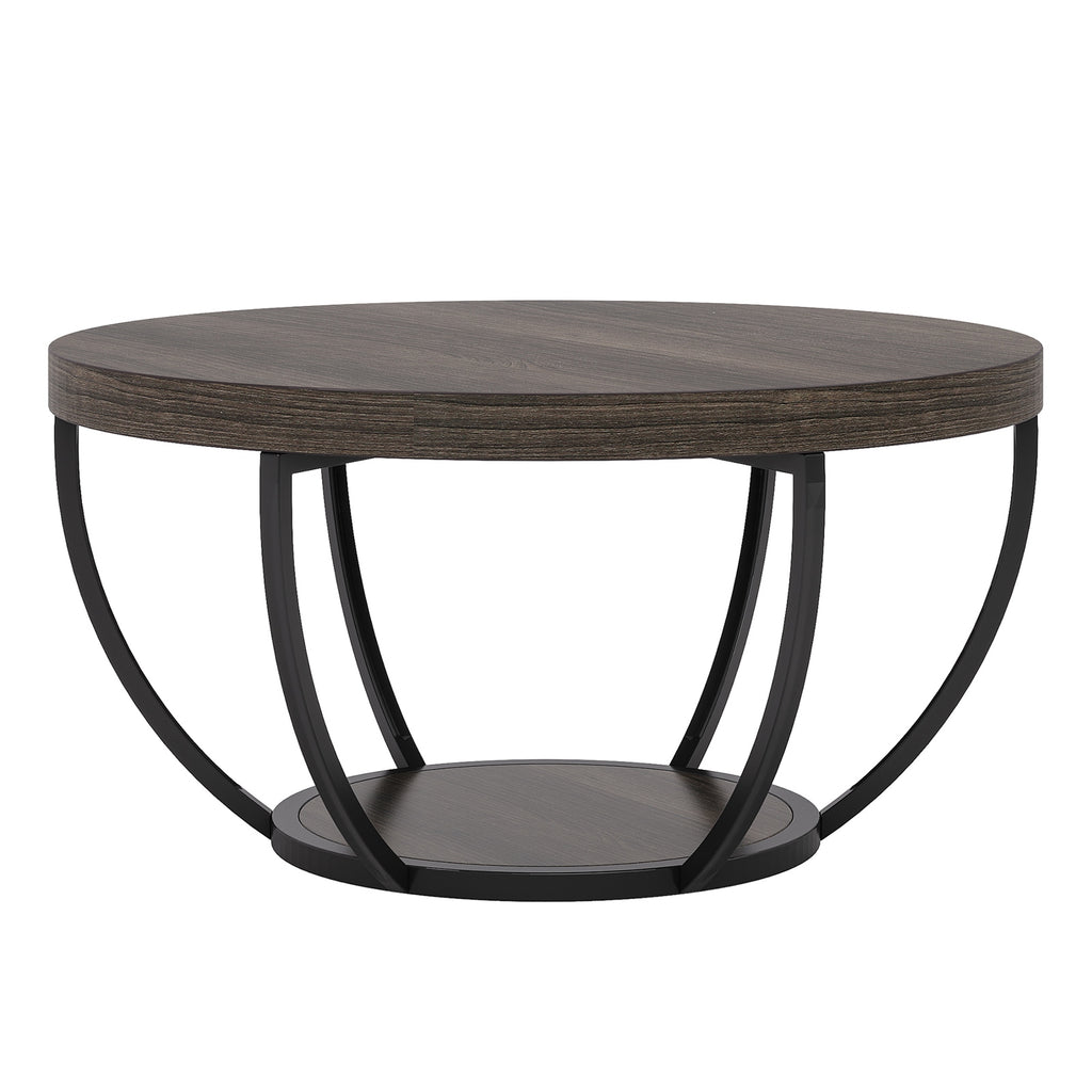 LANTINE Table basse ronde 80 cm à 2 niveaux avec étagères de rangement - Gris