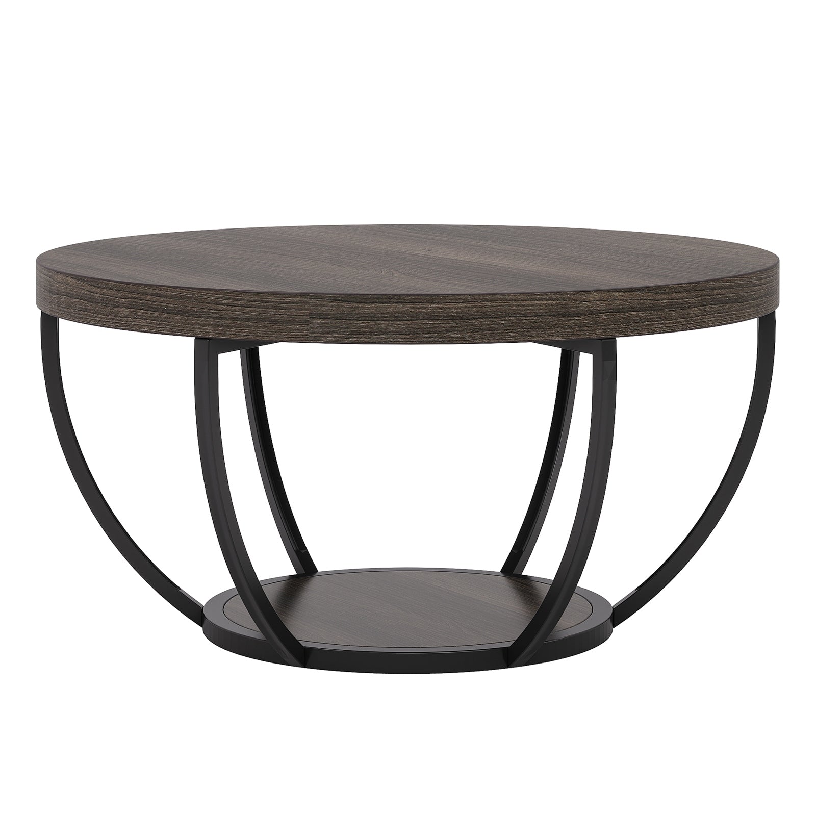 LANTINE Table basse ronde 80 cm à 2 niveaux avec étagères de rangement - Gris