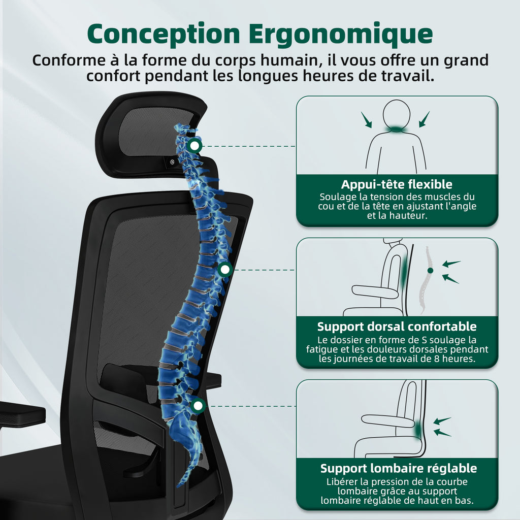 GTIMEX Chaise de Bureau Ergonomique avec Soutien Lombaire Réglable, Accoudoirs et Appui‑tête, Pivotante, Capacité 150 kg, Bascule jusqu’à 135°