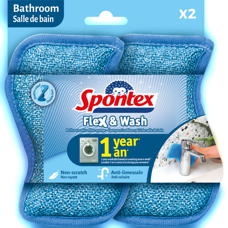 SPONTEX Flex & Wash Éponge salle de bain lavable en machine microfibre non abrasive