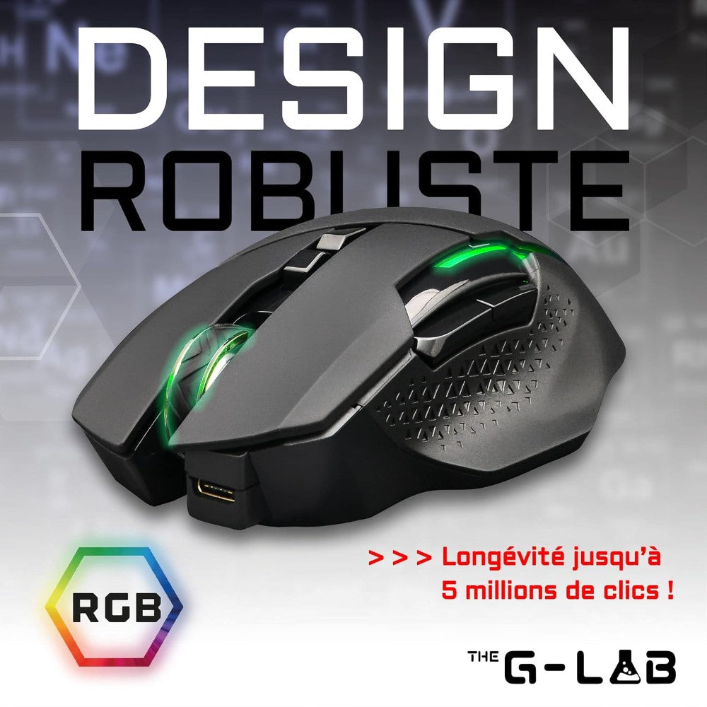 THE G-LAB Kult Caesium Souris gaming sans fil 7200 DPI, 6 boutons, Éclairage RGB, Noir