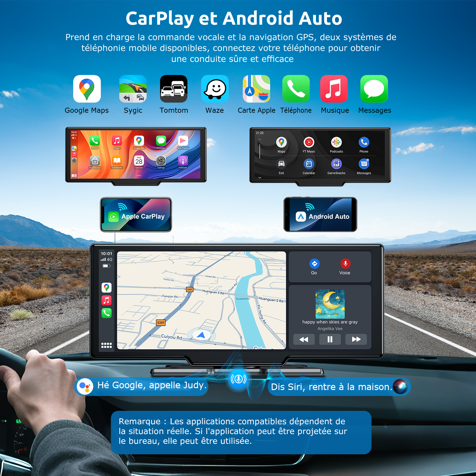 ESSGOO Écran CarPlay HD portable 10,26 pouces, CarPlay sans fil, Android Auto et recopie d'écran, caméra embarquée avant 4K intégrée + caméra de recul AHD 1080P