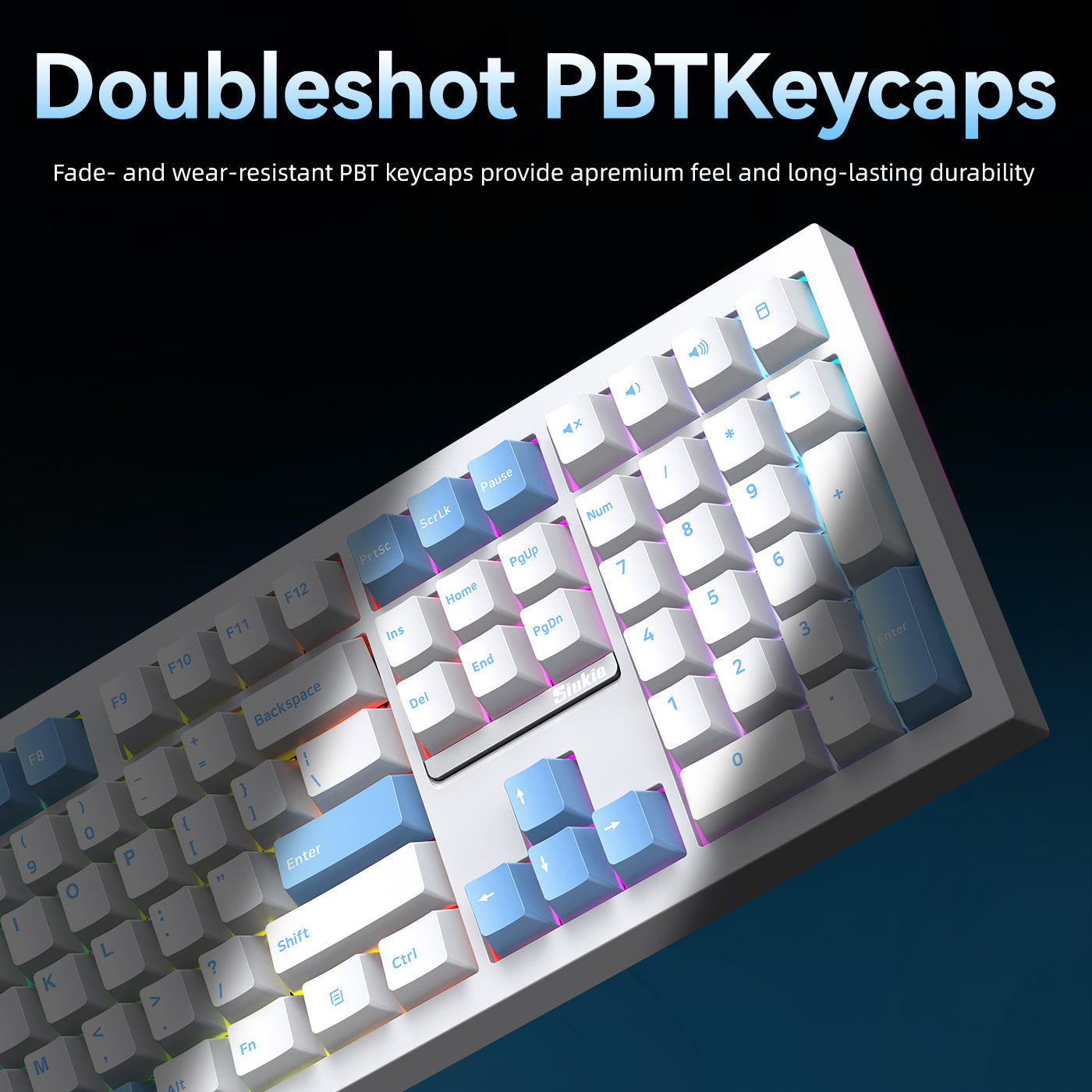 Siukie PL108W Clavier mécanique 108 touches, interrupteur détachable, 3 modes RGB, blanc