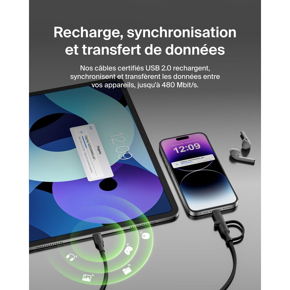 Belkin Câble tressé 2-En-1 USB-C & Lightning PCR 1,5 m - Noir