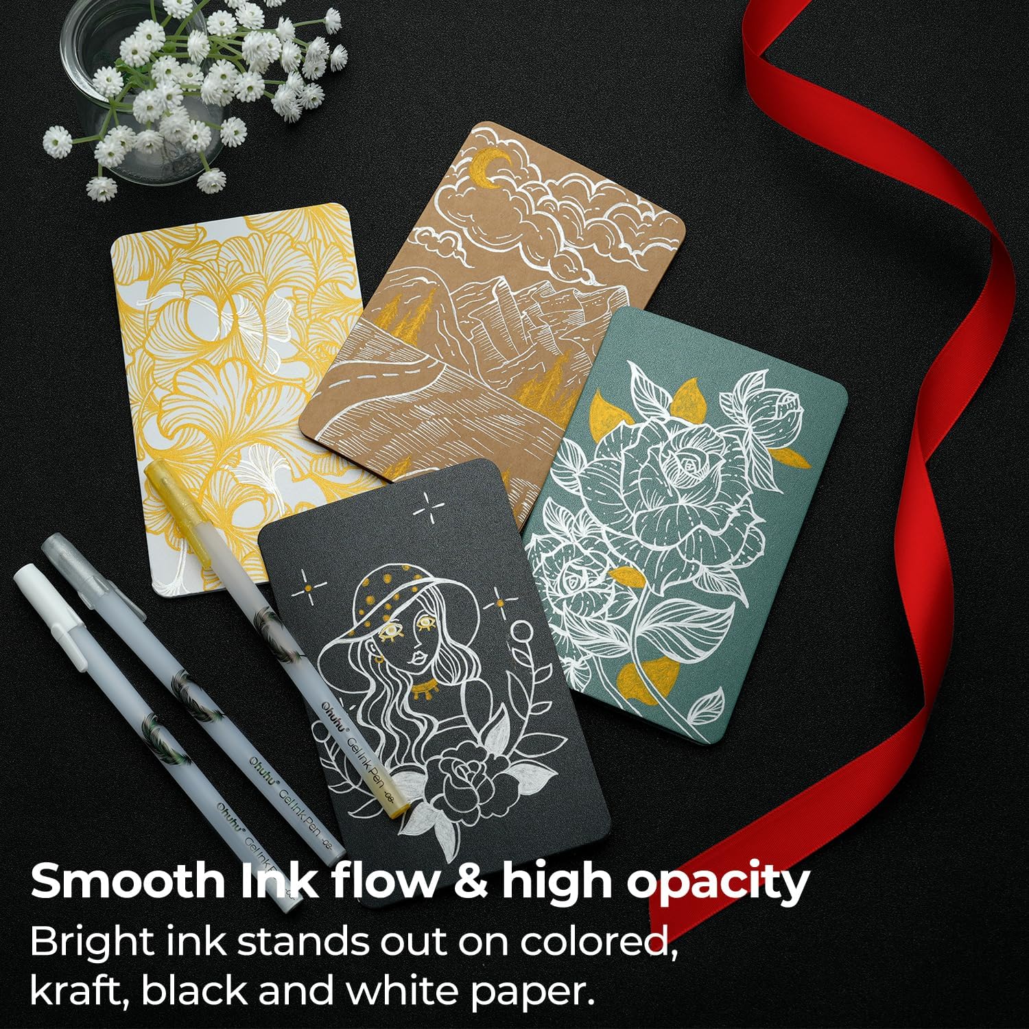 Ohuhu Stylos gel - Or, argent et blanc, stylos à encre gel pour dessin, écriture et création de cartes sur papier noir, Pointe extra-fine, 12 stylos