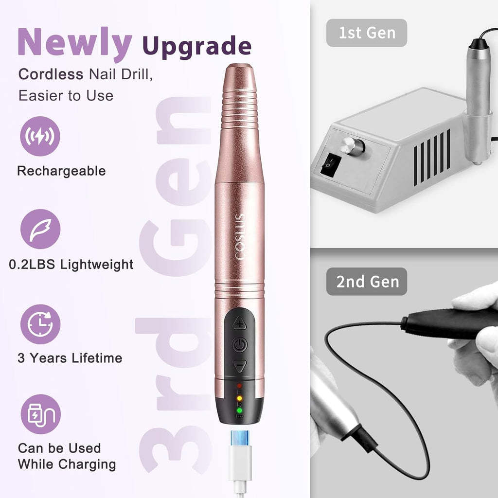 COSLUS Ponceuse à ongles sans fil Lime électrique Professionnelle pour ongles acryliques gel poudre de trempage Kit portable manucure pédicure Rechargeable Léger Or