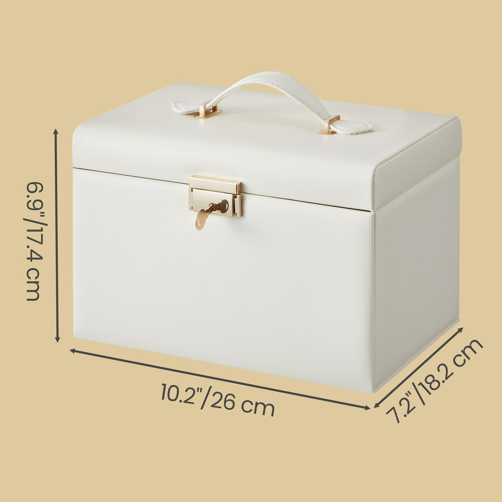 JOYFURNOS Boîte à bijoux 3 niveaux, Organisateur de bijoux avec 2 tiroirs, Étui à bijoux avec étui de voyage portable, Avec poignée, Verrouillable, Idée cadeau, Housse en PU blanc nuage, Doublure blanche crème