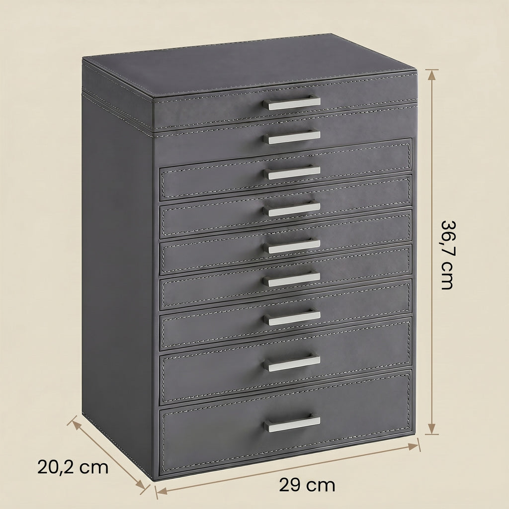 JOYFURNOS Grand Organisateur de Bijoux, Boîte à Bijoux à 8 Niveaux avec Miroir, 7 Tiroirs, Étui de Rangement Moderne, Idée Cadeau, Gris Foncé