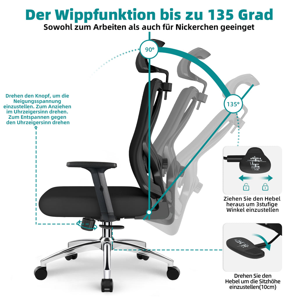 GTIMEX Chaise de bureau ergonomique avec soutien lombaire en mousse à mémoire de forme 3D, fonction bascule jusqu’à 135°, charge maximale 200 kg, maille respirante