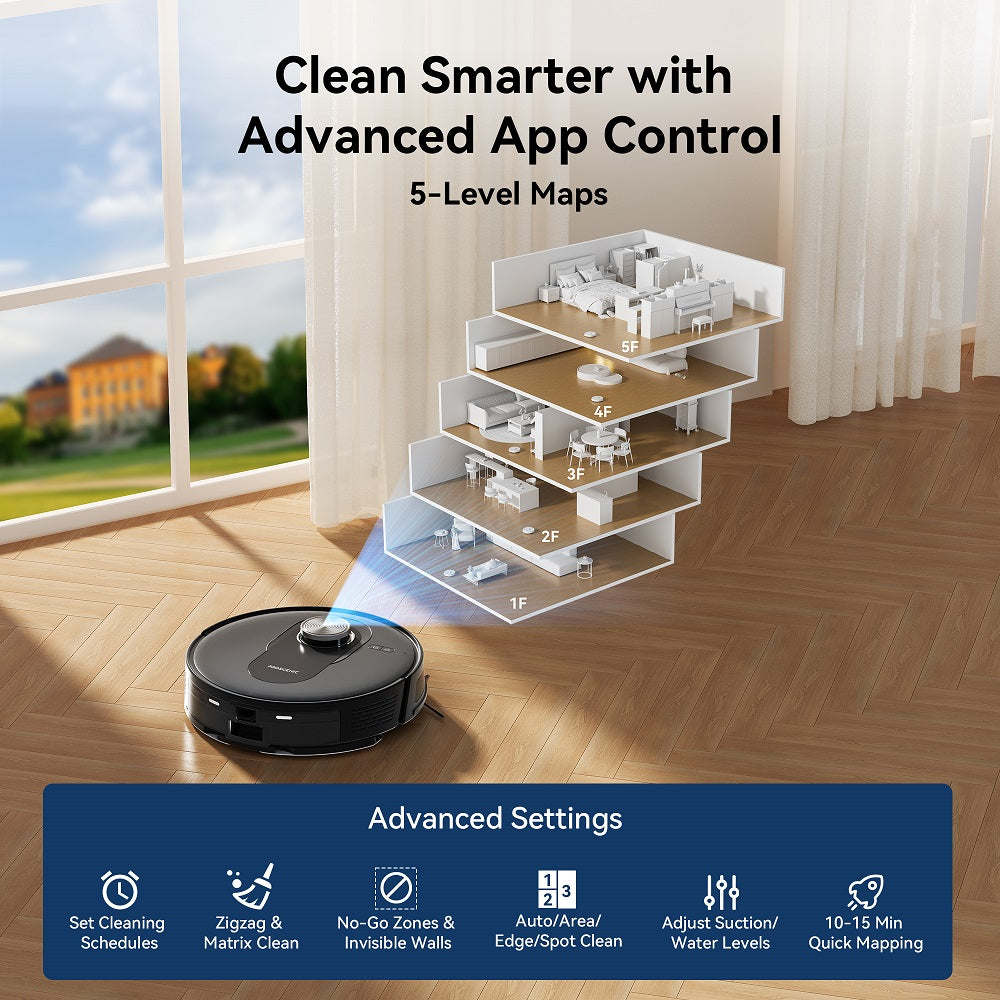 Aspirateur robot Q8-Max avec serpillière et station de vidage automatique, aspiration 8000 Pa, cartographie de la maison par navigation LiDAR, autonomie 200 min, auto-rechargement, nettoyage personnalisé via application Wi-Fi pour sols, tapis et chev