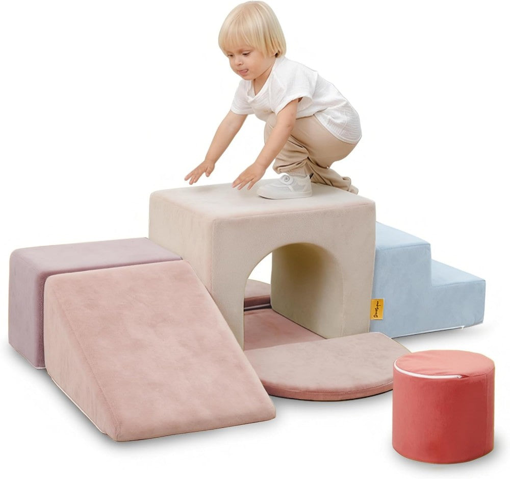Blocs de construction en mousse pour enfants BanaSuper, blocs de construction XXL, certifiés EN71 et antidérapants, jouet Montessori pour enfants, coque lavable pour s'amuser à l'intérieur, coffret de jeu en mousse douce pour bébé, Bleu et Rose