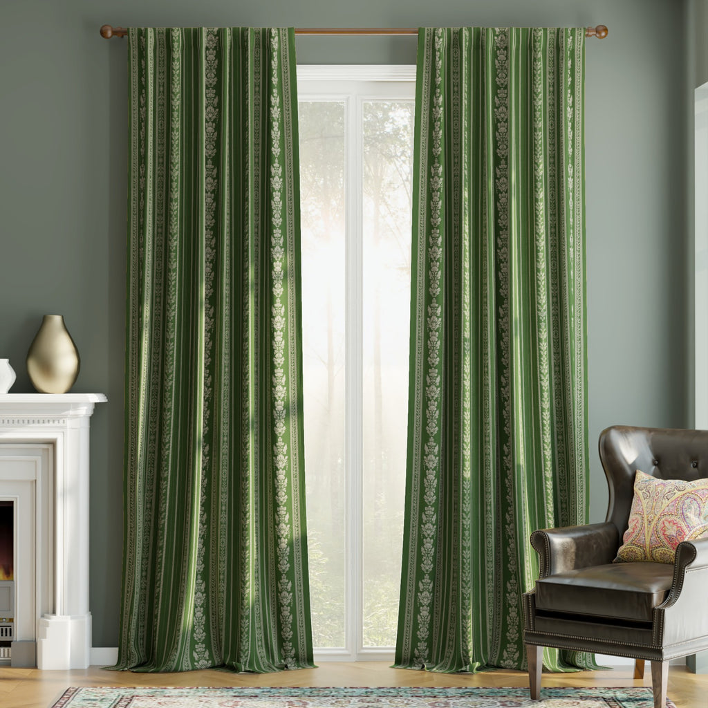 PONY DANCE Rideaux en Velours Rayés et à Motifs Floraux à Lanières Arrière, Rideaux Occultants Isolants Thermiques de Luxe Classiques pour Salon Chambre, 2 Panneaux, L 127 x H 245 cm, Vert