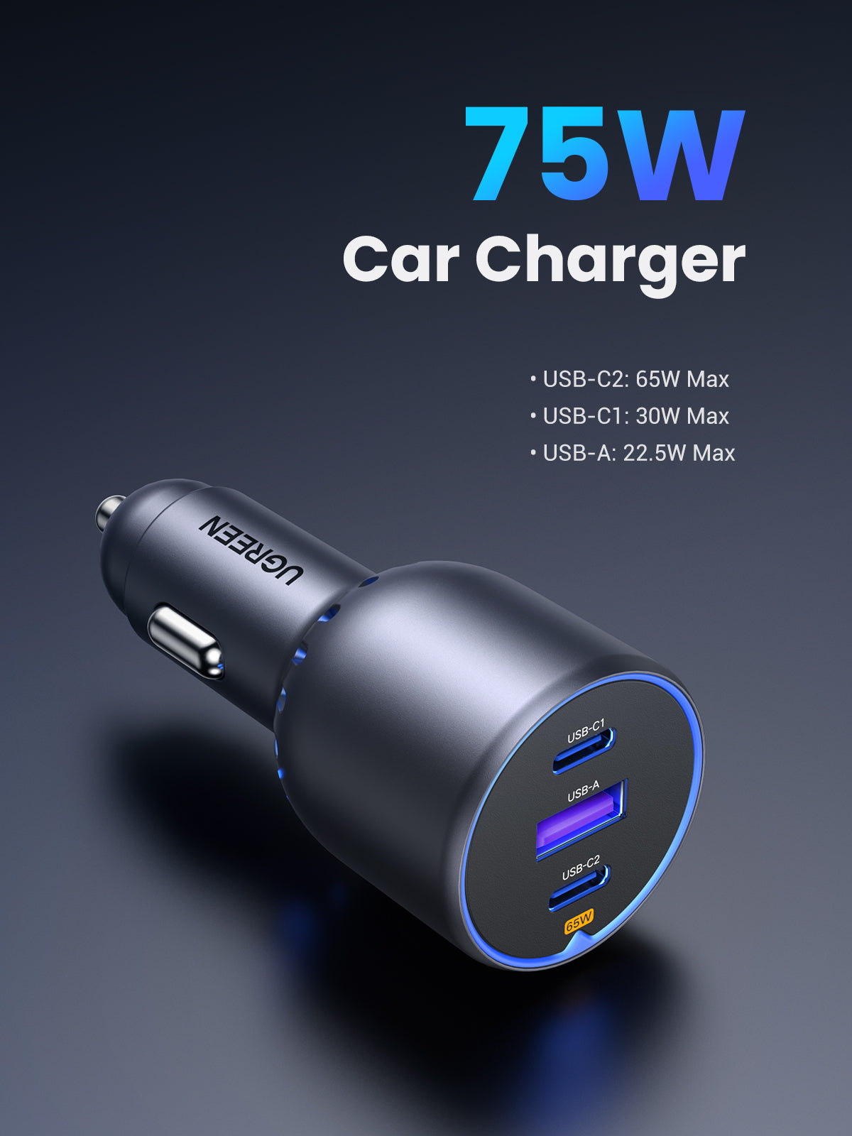 UGREEN chargeur de voiture 75W 2C1A compatible avec plusieurs téléphones et tablettes