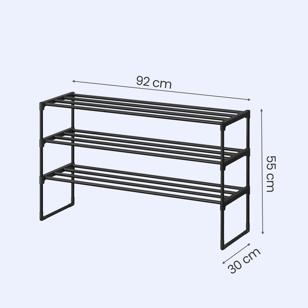 JOYFURNOS Étagère à chaussures en métal 3 niveaux noire – Étroite et empilable, 30 x 92 x 55 cm, Contient 16-20 paires – Organisateur peu encombrant pour entrée, placard ou salon