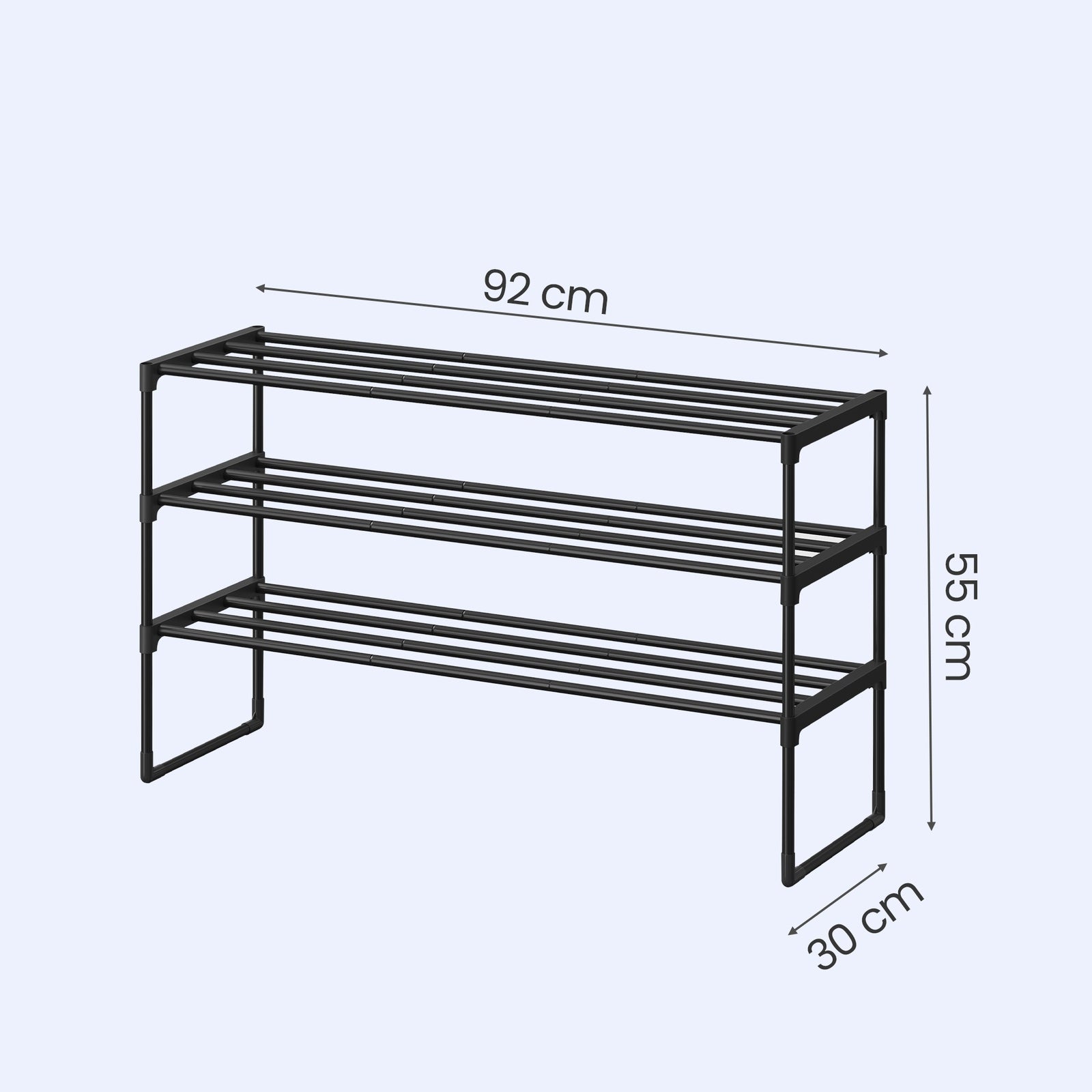 JOYFURNOS Étagère à chaussures en métal 3 niveaux noire – Étroite et empilable, 30 x 92 x 55 cm, Contient 16-20 paires – Organisateur peu encombrant pour entrée, placard ou salon