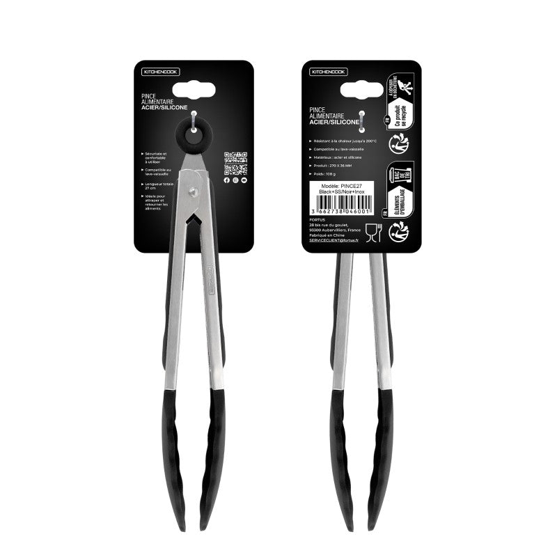 KitchenCook Pince 27 - Pince alimentaire 27 cm - Acier et silicone - Résistante à la chaleur 200°C - Polyvalente