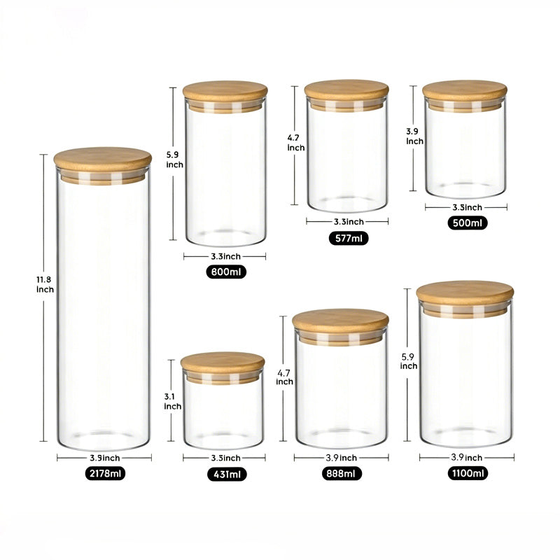 JORDAN&JUDY Lot de 7 pots de conservation alimentaire en verre hermétiques pour céréales, finition grain de bois (2178 ml*1 + 1100 ml*1 + 888 ml*1 + 800 ml*1 + 577 ml*1 + 500 ml*1 + 431 ml*1)