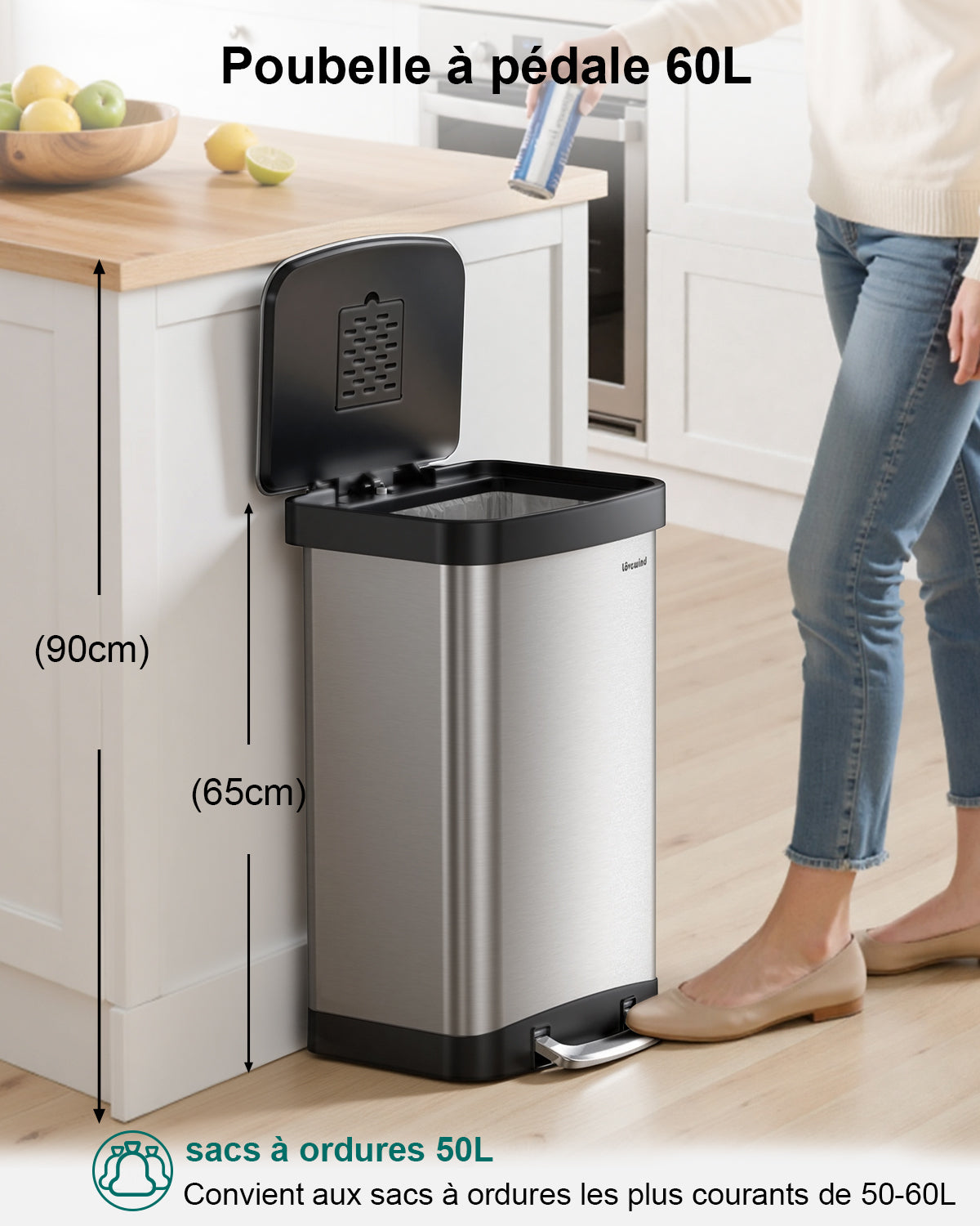 Lovewind Poubelle de cuisine Lovewind, Poubelle en acier inoxydable 16 gallons / 60 litres avec couvercle à fermeture douce, Grand poubelle de cuisine en métal avec bac à liquide amovible, Poubelle de recyclage pour cuisine bureau, Noir
