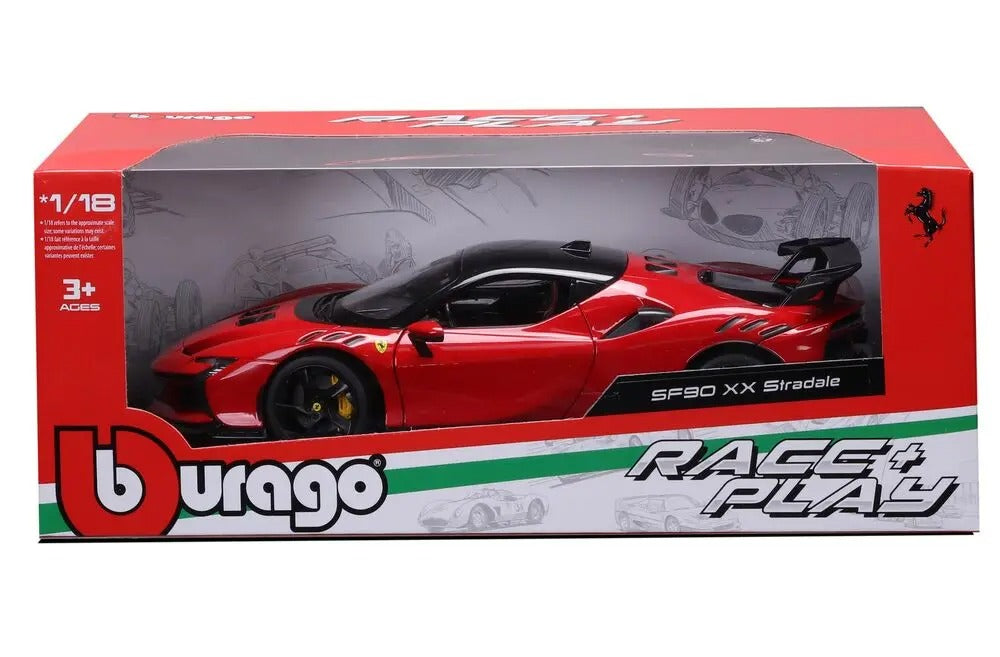 Bburago Race & Play 1:18 Ferrari SF90 XX Stradale, Rosso Corsa avec toit noir modèle en métal coulé sous pression