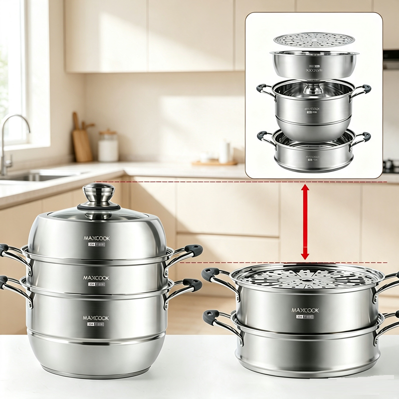 Maxcook cuiseur vapeur à 3 niveaux, cuiseur vapeur en acier inoxydable 304 de 28 cm avec couvercle en verre, cuiseur vapeur multicouche avec poignées en silicone anti-brûlure, compatible avec induction, cuisinière à gaz MCZ743
