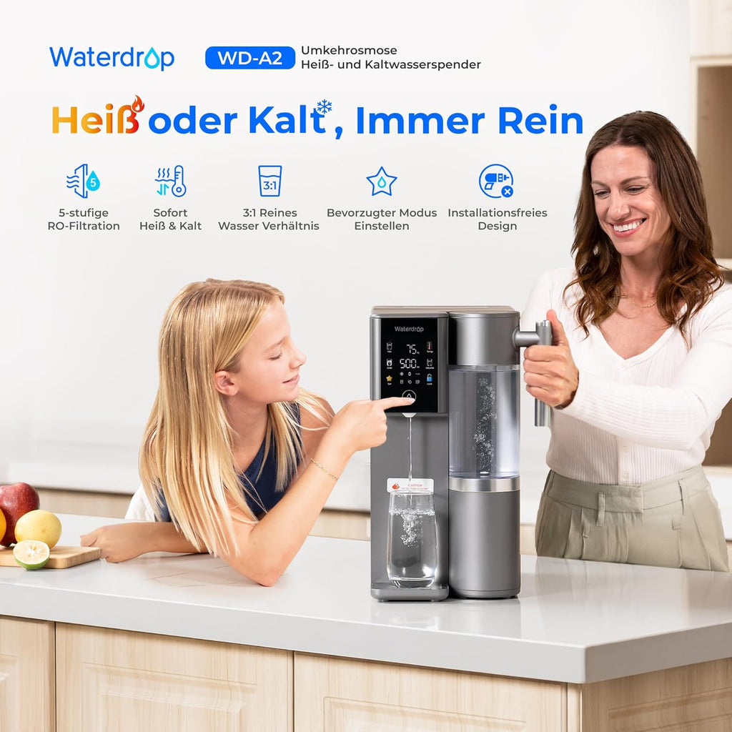 Système d’Osmose Inverse de Comptoir Waterdrop WD-A2 pour la Maison, Refroidisseur d’Eau Sans Bouteille avec Réservoir Portatif, Eau Froide, 6 Réglages de Température, Rapport 3:1 Eau Pure/Drain