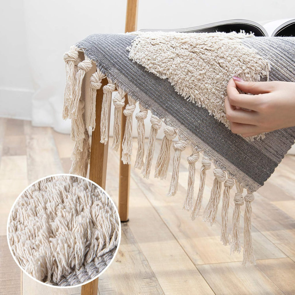 Ashler Tapis en coton, Tapis tissé shaggy à franges et à poils rasés bohème, Tapis de sol de style maison de campagne lavable en machine pour salon, chambre, cuisine