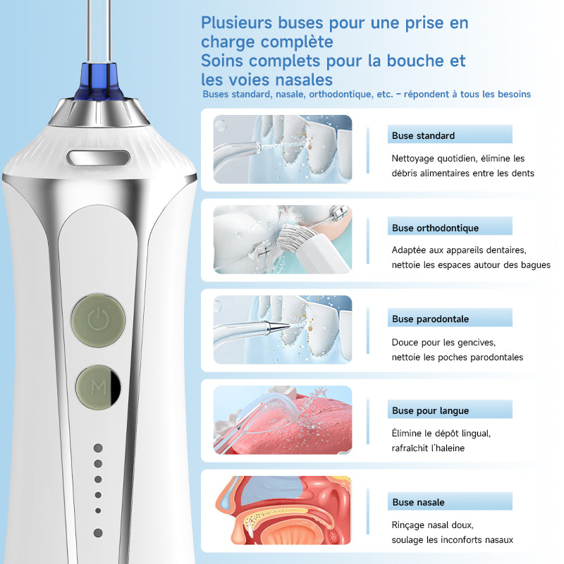 H2ofloss HF-2 Brosse à dents électrique, avec 5 modes, 5 embouts, rechargeable par USB, étanchéité IPX7 et un réservoir d'eau de 300 ml, disponible en blanc
