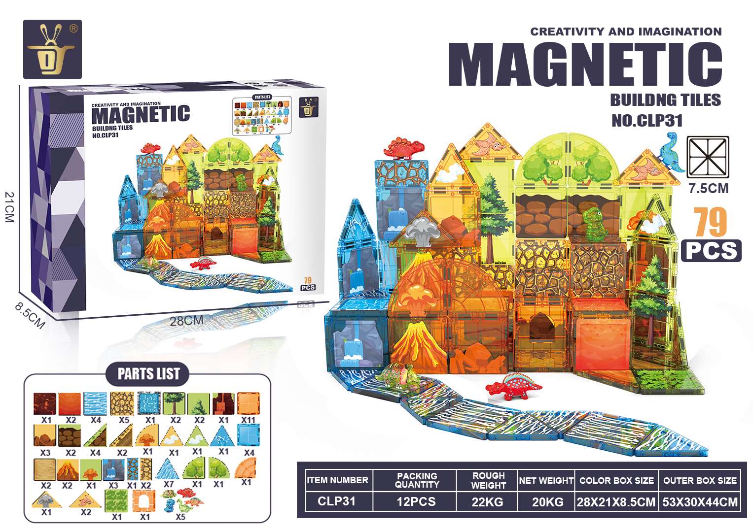 XINQIYUAN Ensemble de blocs de construction magnétiques dinosaures 7,5 cm 79 pièces jouet éducatif pour enfants [Mélange aléatoire – Couleurs de l'image principale uniquement]