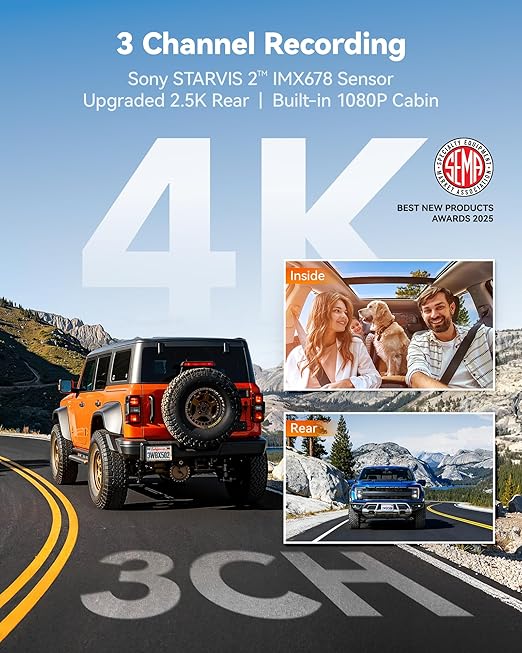 WOLFBOX Caméra embarquée voiture 3 canaux, caméra avant 4K + intérieure 1080P + arrière 2,5K, Wi-Fi 5,8 GHz et GPS, écran tactile, commande vocale