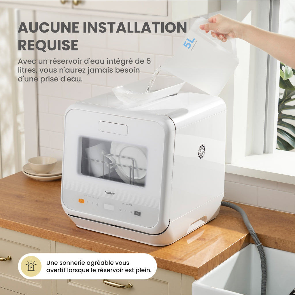 Comfee' Mini Lave-Vaisselle Compact, 6 Programmes, Fonctions Vapeur, Soin Bébé & Lavage Fruits, Sans Installation, Démarrage Différé, Stockage 72h, Blanc, Classe Énergétique D