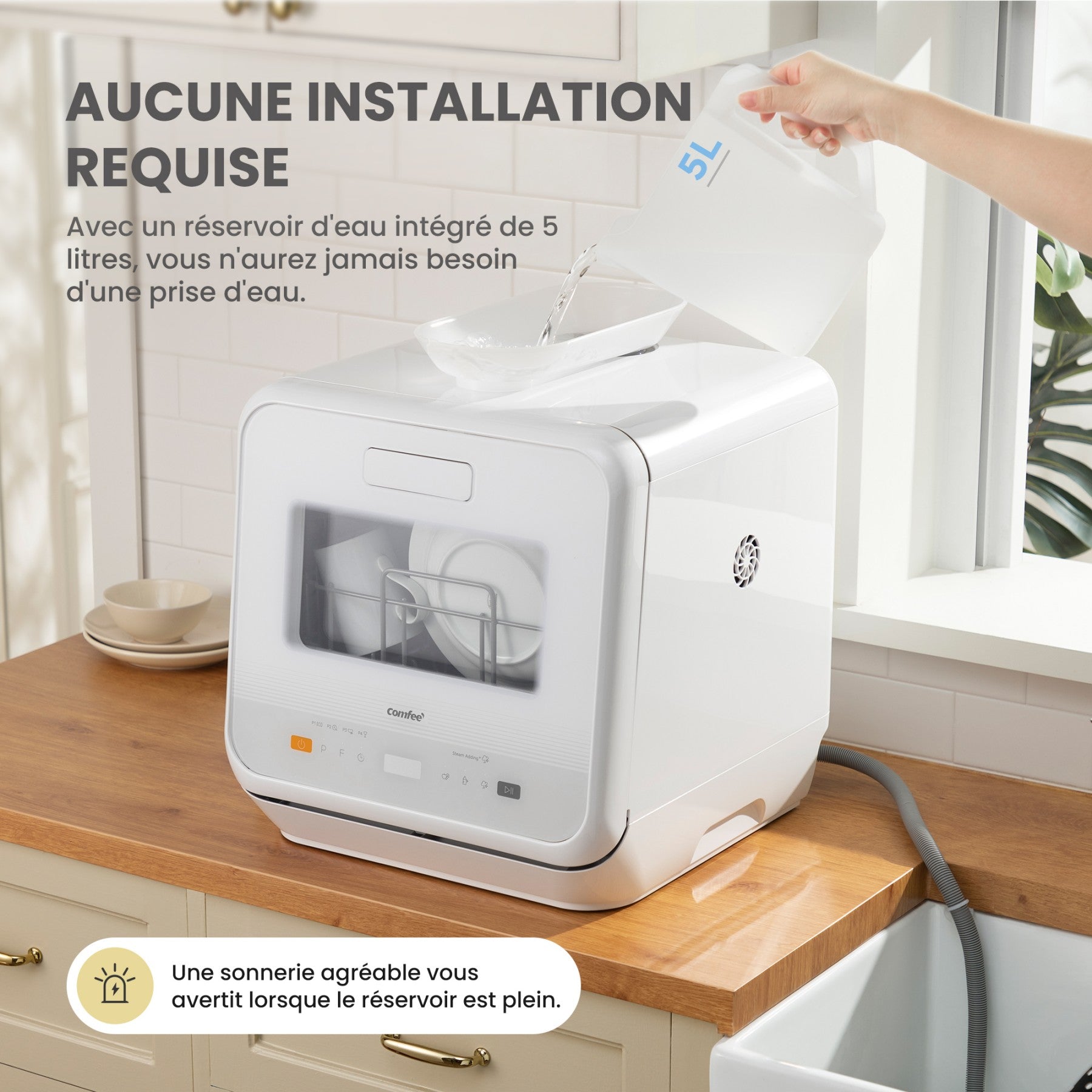 Comfee' Mini Lave-Vaisselle Compact, 6 Programmes, Fonctions Vapeur, Soin Bébé & Lavage Fruits, Sans Installation, Démarrage Différé, Stockage 72h, Blanc, Classe Énergétique D