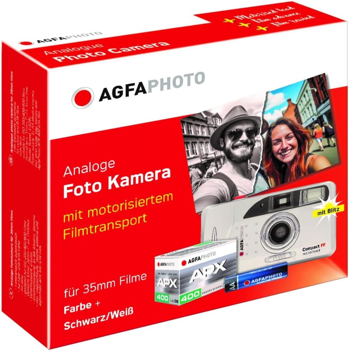 AgfaPhoto Appareil photo argentique motorisé 35 mm avec pellicule noir et blanc et piles