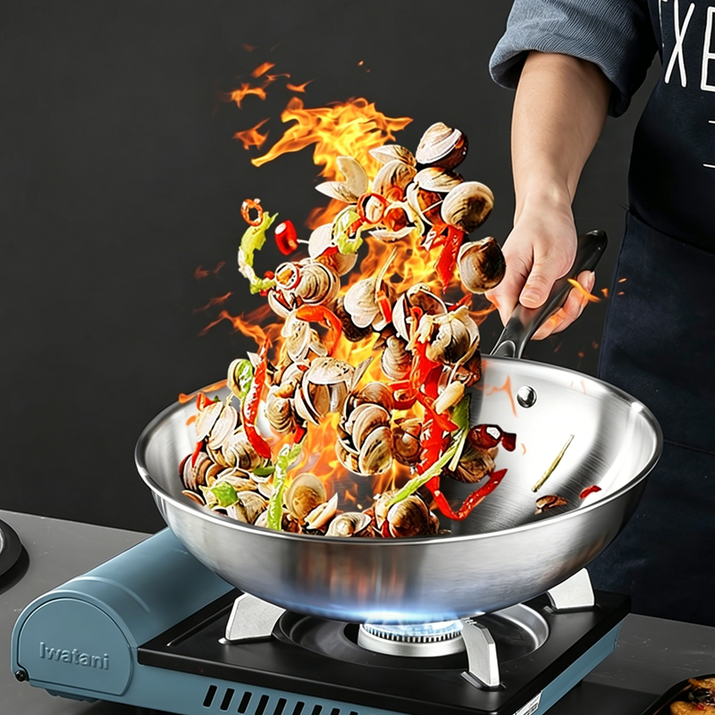 Maxcook Poêle wok tri-ply en acier inoxydable 304, 28 cm, ustensile de cuisson en acier inoxydable à 3 couches avec couvercle en verre pour la cuisine quotidienne MCC7911