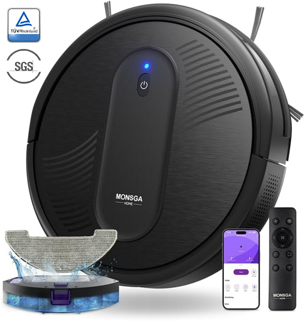 monsga MR1 Robot aspirateur laveur 4000 Pa, Ultra-fin 3,2", Autonomie 140 min, Filtre HEPA, Télécommande, Application et Commande vocale, Noir