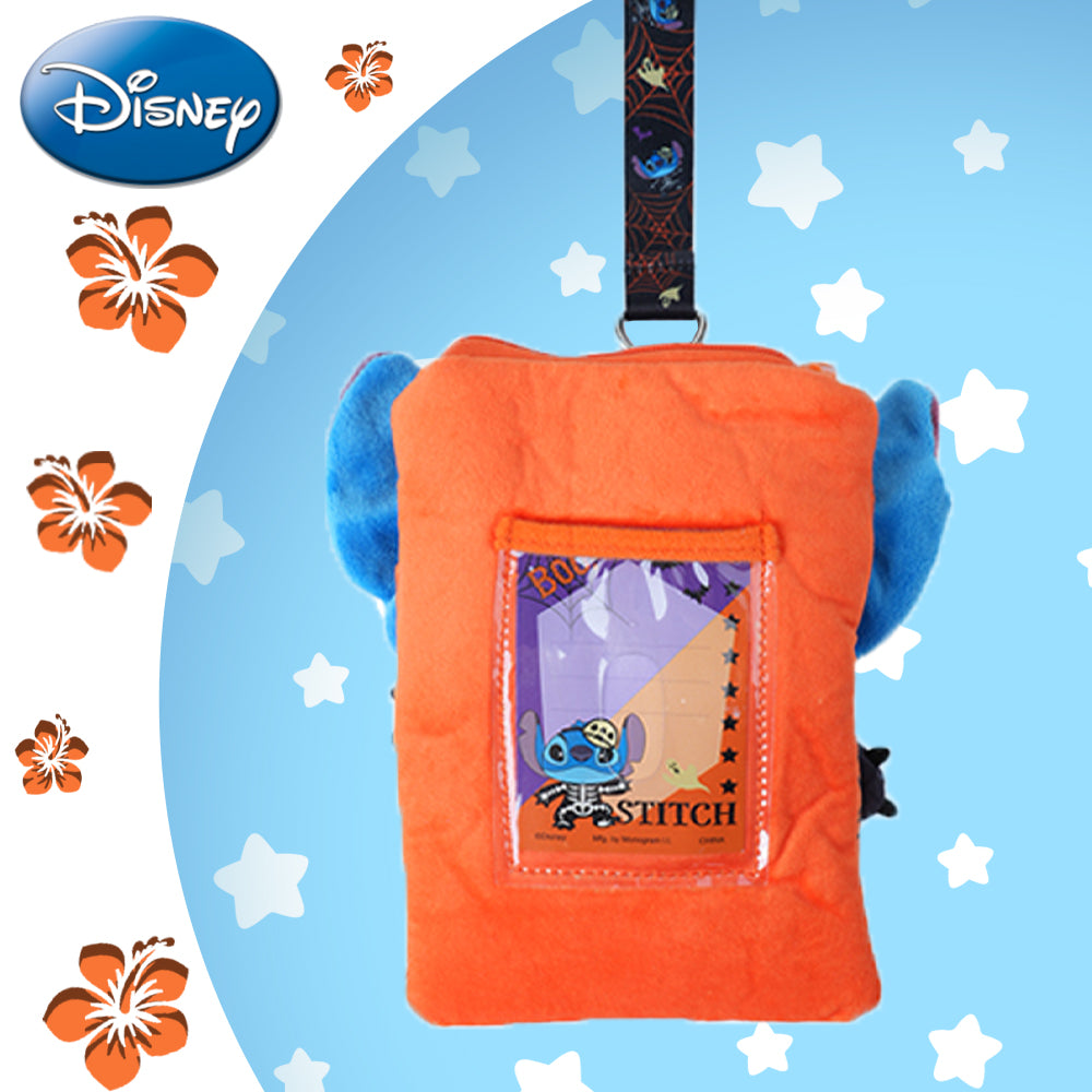 Disney 1 pièce Porte-carte Stitch Halloween en peluche avec tour de cou, sous licence officielle, thème effrayant squelette et toile d'araignée