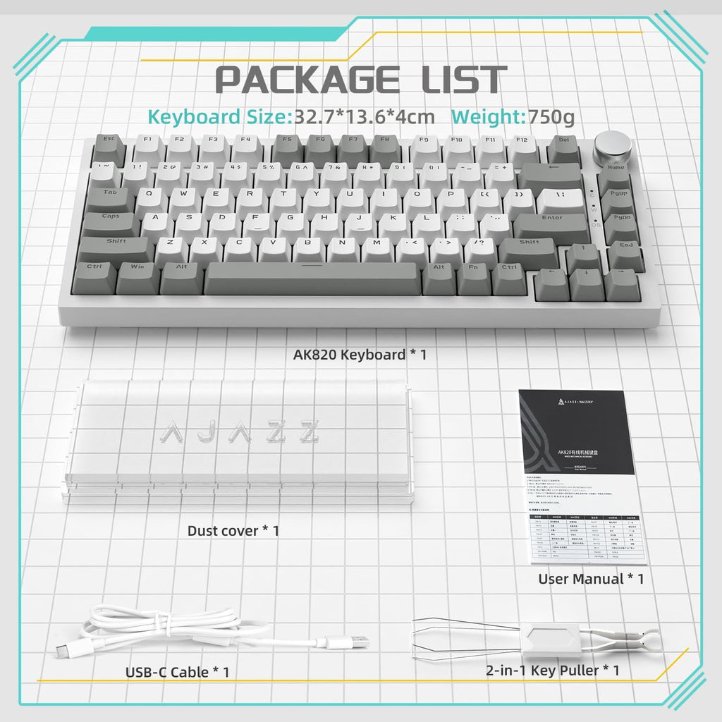 AJAZZ AK820 clavier mécanique filaire 75 %, disposition QWERTY US, assemblage sur joints, switchs linéaires remplaçables à chaud, rétroéclairage blanc, 83 touches avec molette de volume CNC, mousse Poron, capuchons de touches PBT à profil OEM, compat