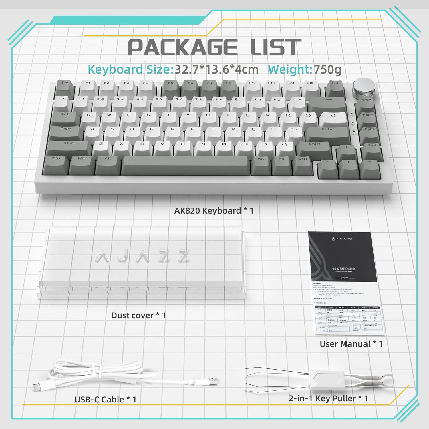AJAZZ AK820 clavier mécanique filaire 75 %, disposition QWERTY US, assemblage sur joints, switchs linéaires remplaçables à chaud, rétroéclairage blanc, 83 touches avec molette de volume CNC, mousse Poron, capuchons de touches PBT à profil OEM, compat