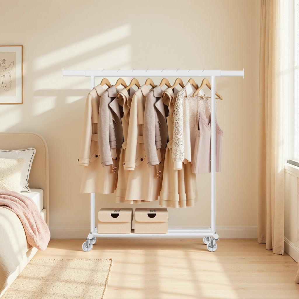JOYFURNOS Portant à Vêtements sur Roulettes, Tringle à Vêtements Robuste, 45 x (92-132) x 161,5 cm, avec Tringle Extensible, Capacité de Charge 100 kg, Portable, Blanc