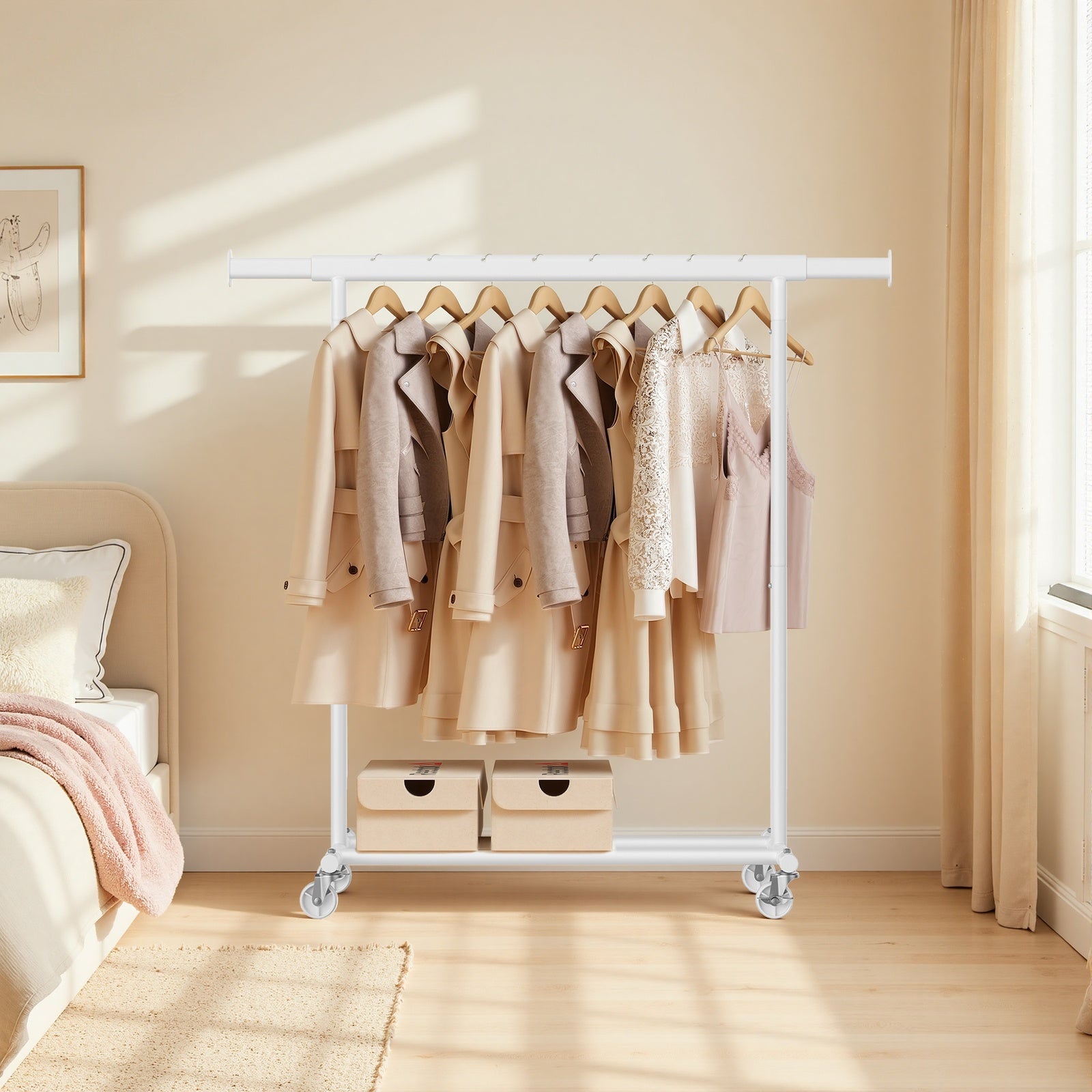 JOYFURNOS Portant à Vêtements sur Roulettes, Tringle à Vêtements Robuste, 45 x (92-132) x 161,5 cm, avec Tringle Extensible, Capacité de Charge 100 kg, Portable, Blanc