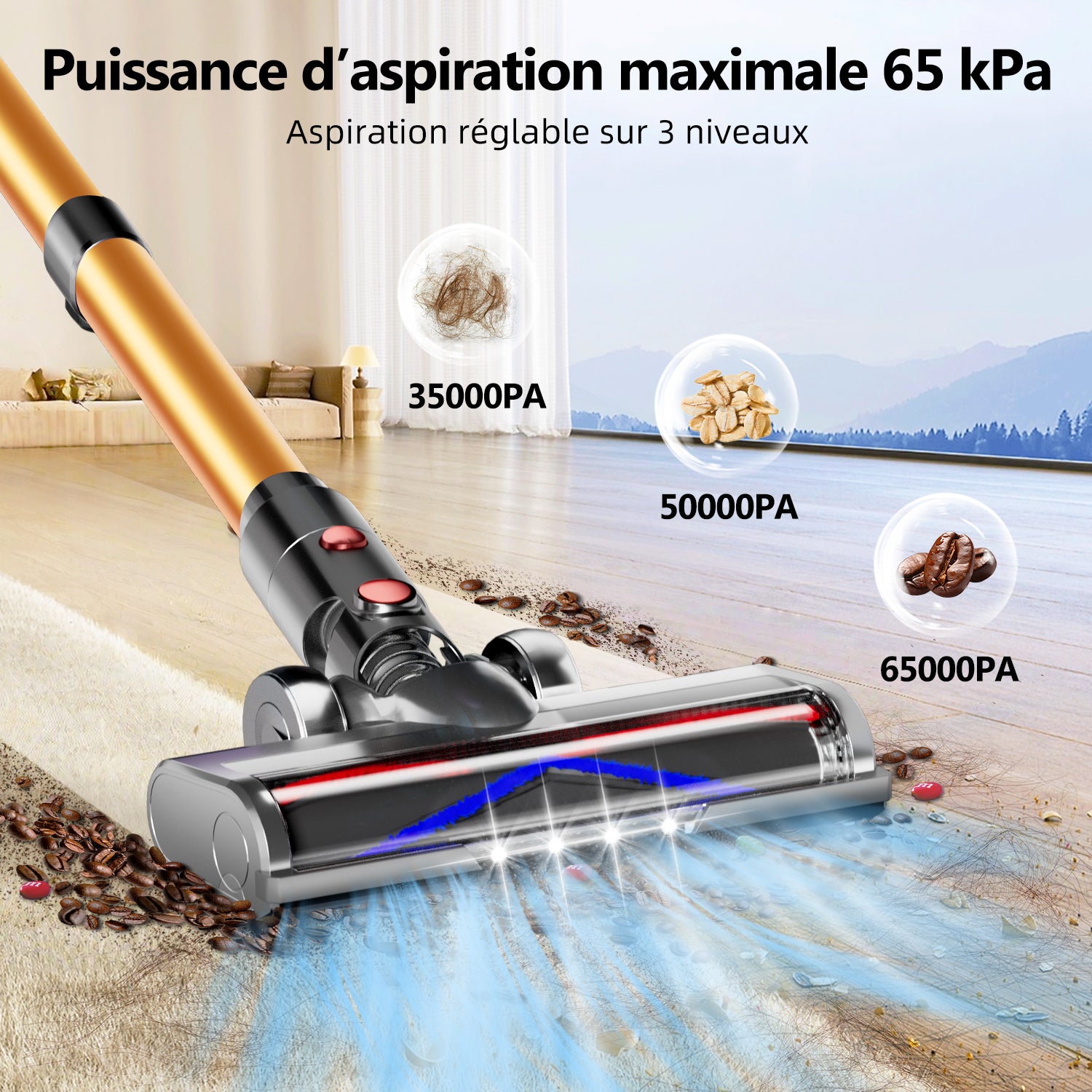 Daynee Aspirateur sans fil, Aspiration 65 kPa, Autonomie de 70 min, Écran LCD, Brosse anti-emmêlement, Filtration HEPA*4, Aromathérapie pour poils d'animaux, tapis et sols durs