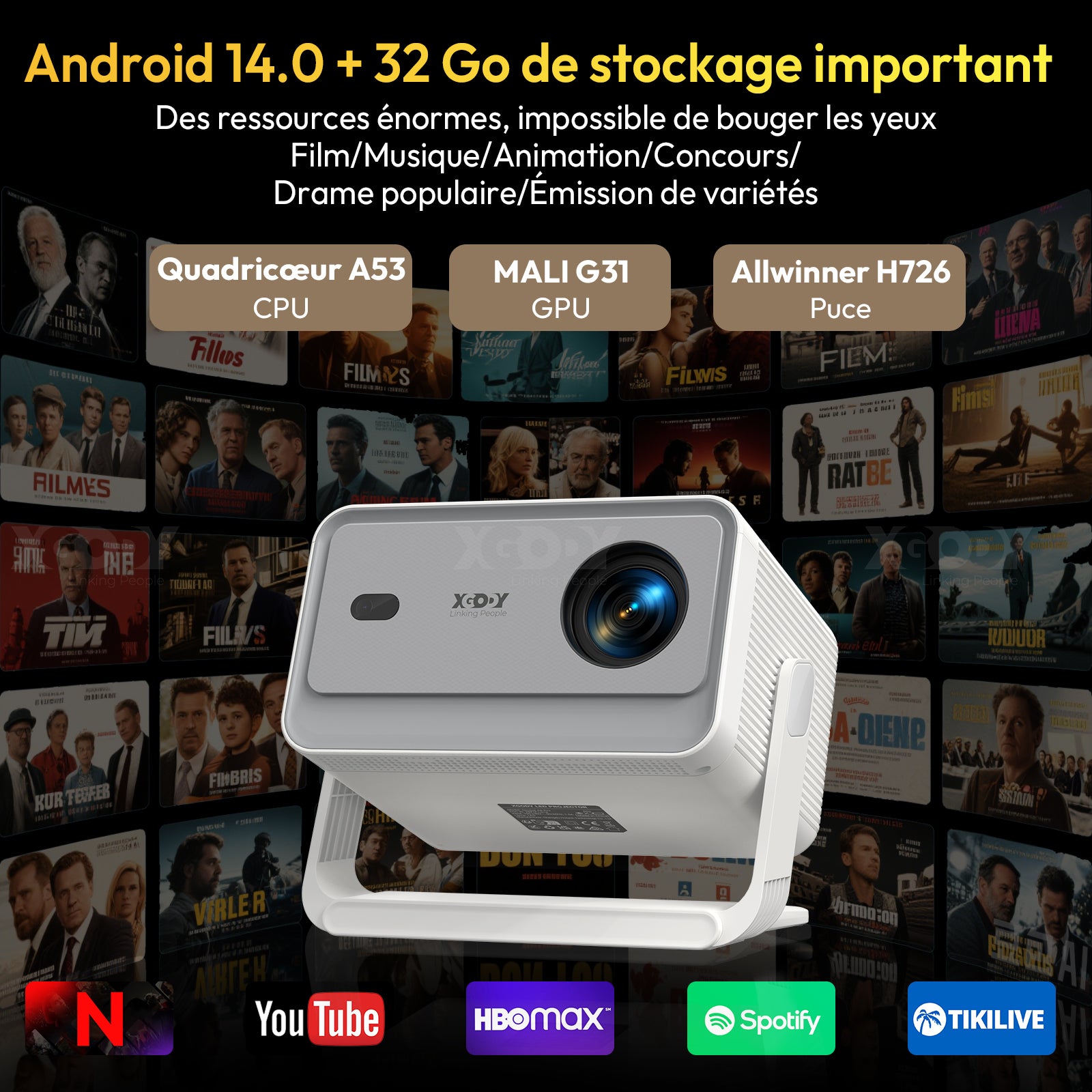 Pack de divertissement pour grand écran - Projecteur portable XGODY Gimbal A6 Pro avec écran de projection de 100 pouces en cadeau