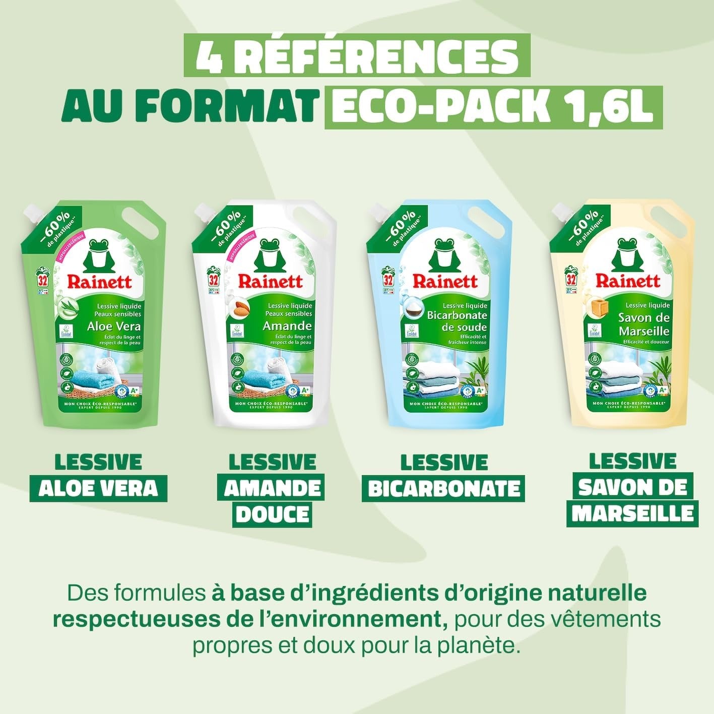 RAINETT Recharge Lessive Liquide Écologique au Savon de Marseille 1.6L (32 Lavages)
