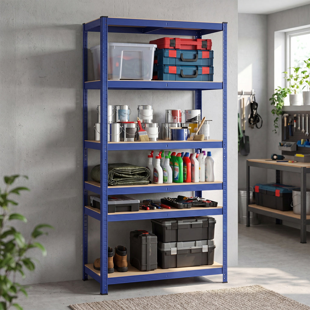 Ochama Étagère de rangement en acier à 5 niveaux, Montage sans outils, Pour garage et abri, Capacité de charge 600 kg, 50 x 100 x 200 cm, Bleu