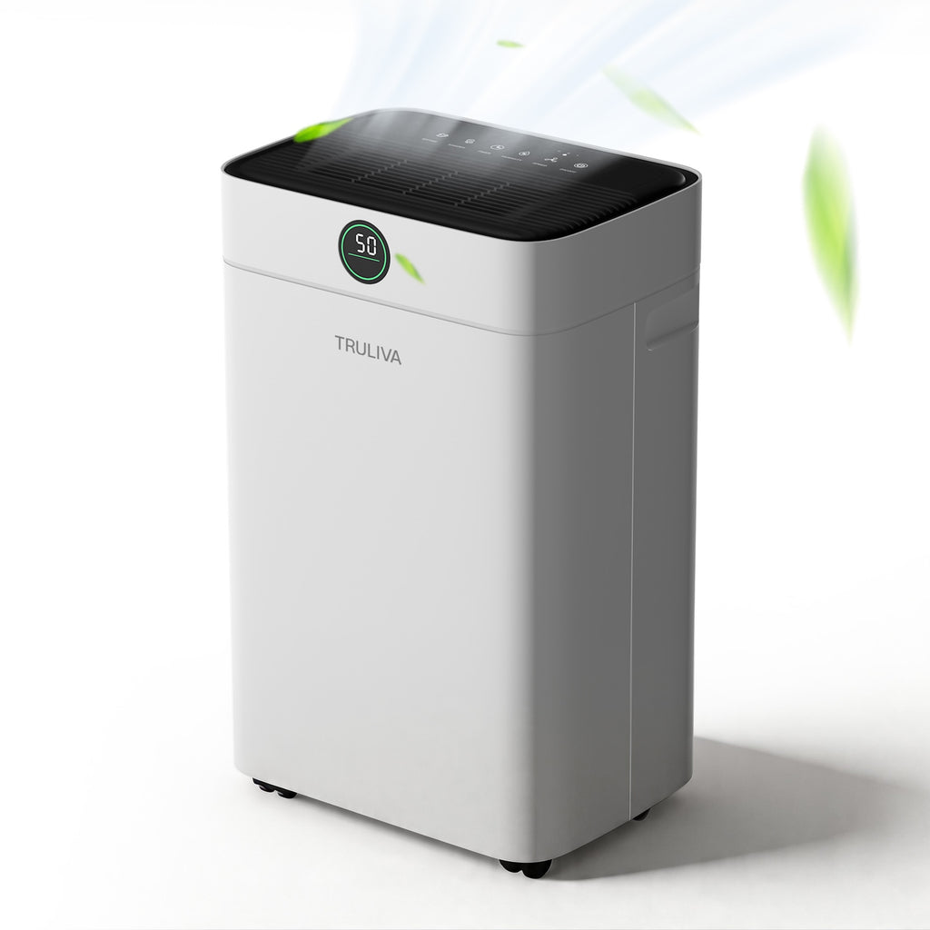 TRULIVA Déshumidificateur 25 L/jour avec séchage du linge, dégivrage automatique, R290, réservoir de 2,8 L et tuyau d’évacuation en continu, pour la maison, les sous-sols
