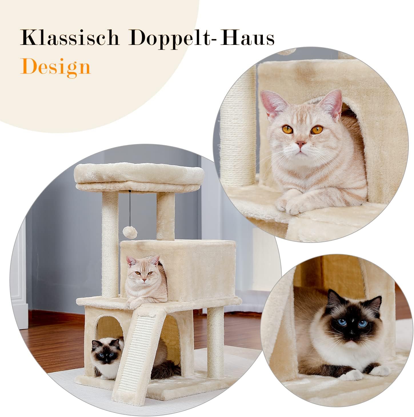 PAWZ Road arbre à chat, griffoir 51 cm, meuble pour chat avec corde en sisal, panier en peluche, maisonnette creuse, jouet pour chats, beige