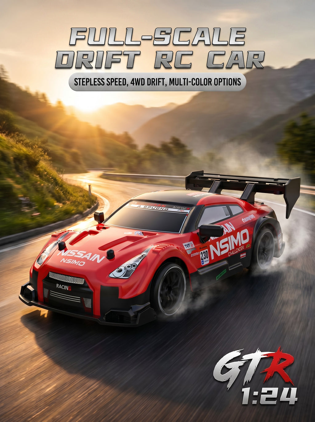 Voiture de Drift RC 4WD GTR 1:24, Vitesse Proportionnelle 2,4 g, Pneus à Double Montage, Châssis Amortisseur, Jouet de Course Intérieur pour 8 Ans et Plus, One Piece en Rouge
