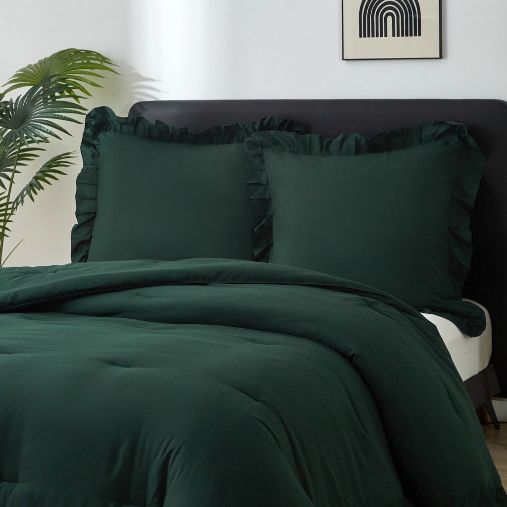 MEEALLHOME Parure de lit vintage à volants vert foncé - 1 housse 155 x 220 cm et 2 taies 80 x 80 cm