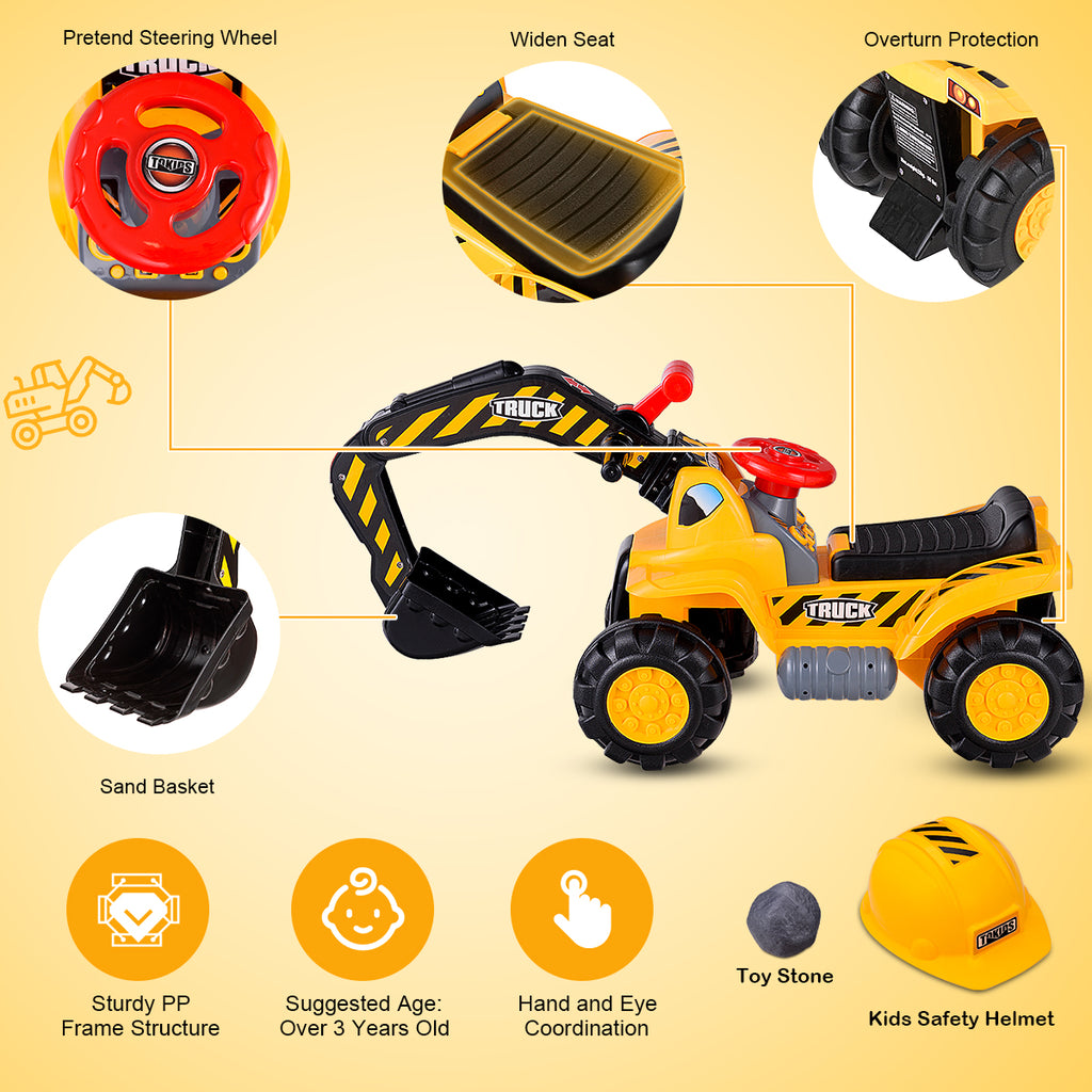 Excavatrice pour enfants et compartiment de rangement intégré, pelle avec klaxon, jouet excavatrice, pelle à sable, pelle avec siège pour enfants à partir de 3 ans, pierre et casque inclus