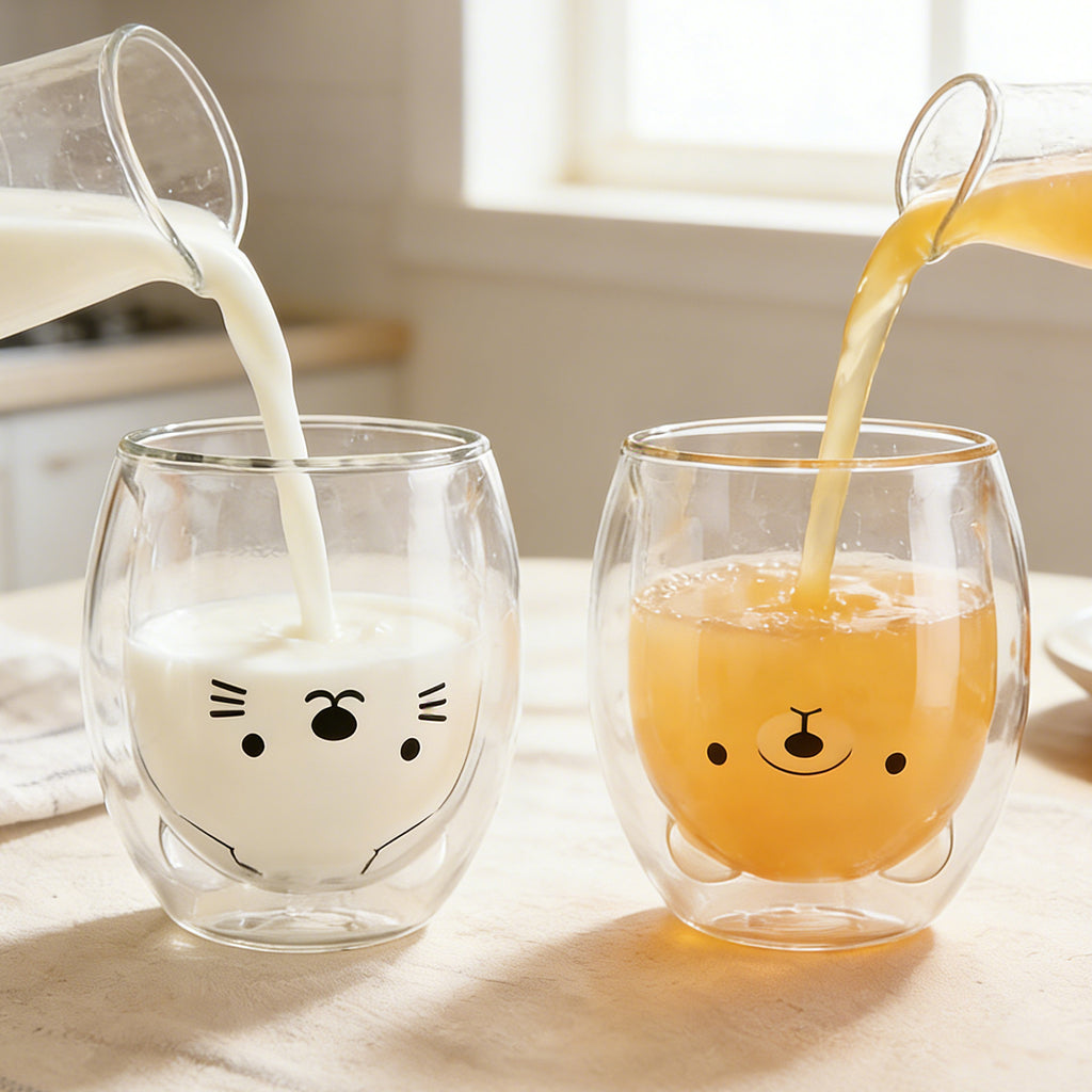 Ju7cer Lot de 2 verres à double paroi chat et ours - 260 ml