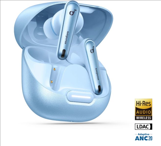 Soundcore by Anker Liberty 4 NC Casque Bluetooth sans fil, Bluetooth 5.3, Réduction de bruit adaptative aux oreilles et à l'environnement, Hi-Res, 50 h d'autonomie, Bleu clair